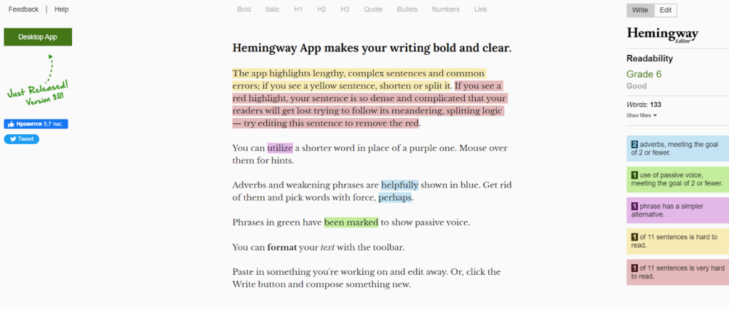 Hemingway is a free online writing tool that boosts readability. 