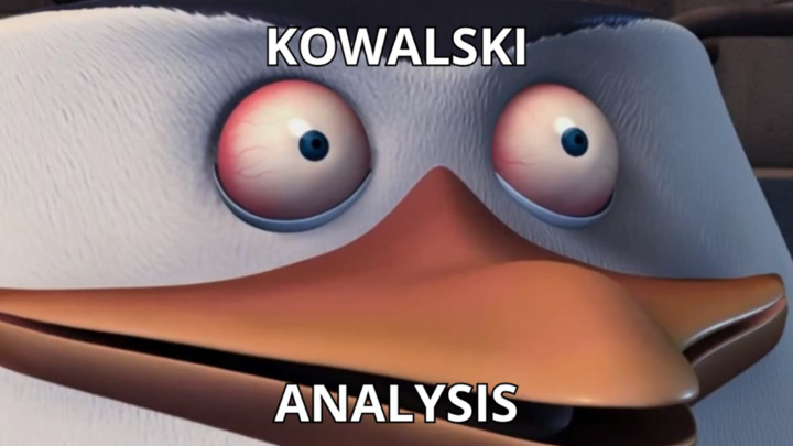 A cursed meme with Skiper, the penguin from the Madagascar series, saying: "Kowalski, analysis"