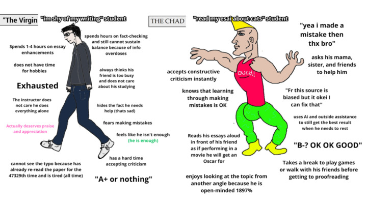 The Virgin VS Chad meme representing two types of students asking for essay help