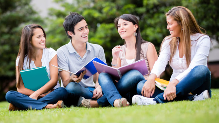 Students sitting on the grass and talking